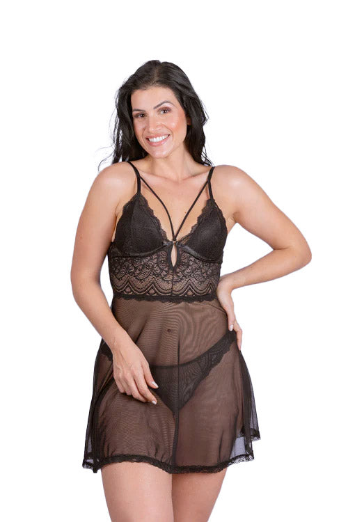 Camisola de Renda Strappy e Fio Dental - Stella Bernardi