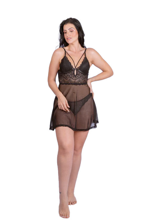 Camisola de Renda Strappy e Fio Dental - Stella Bernardi